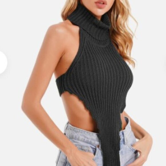 NEW BACKLESS KNIT TURTLE NECK CROP TOP - Picture 2 of 16